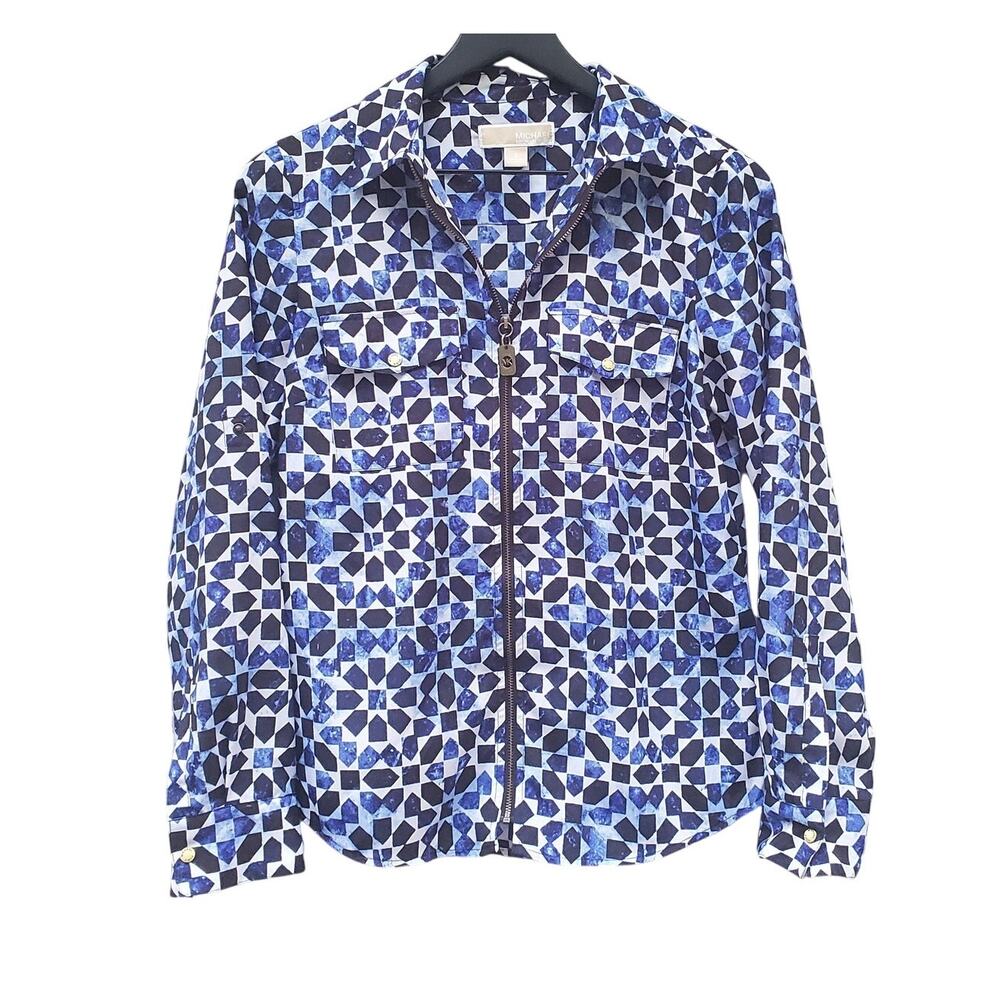 🔥 MICHAEL Michael Kors Blue White Abstract Print Full Zip Light Jacket Collar S